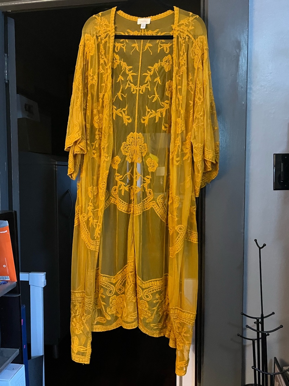 Dizzy Gal Large Gold Embroidered Sheer Kimono Cover-Up